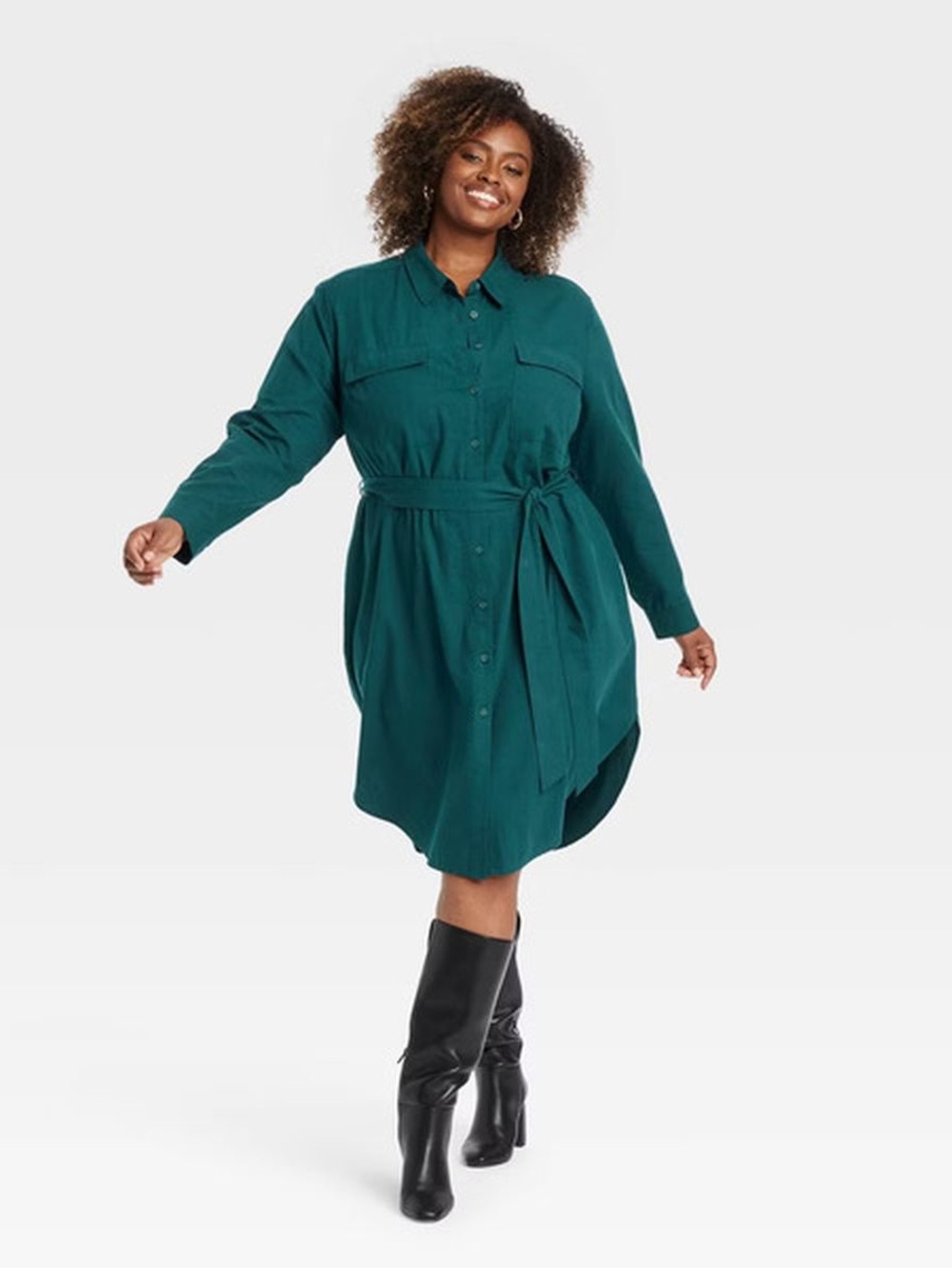 Teal/Green Button-Front Shirt Dress